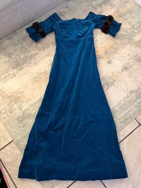 1950’s Priscilla of Boston Teal Velvet Maxi Dress with Real Fur-Trim Sleeves